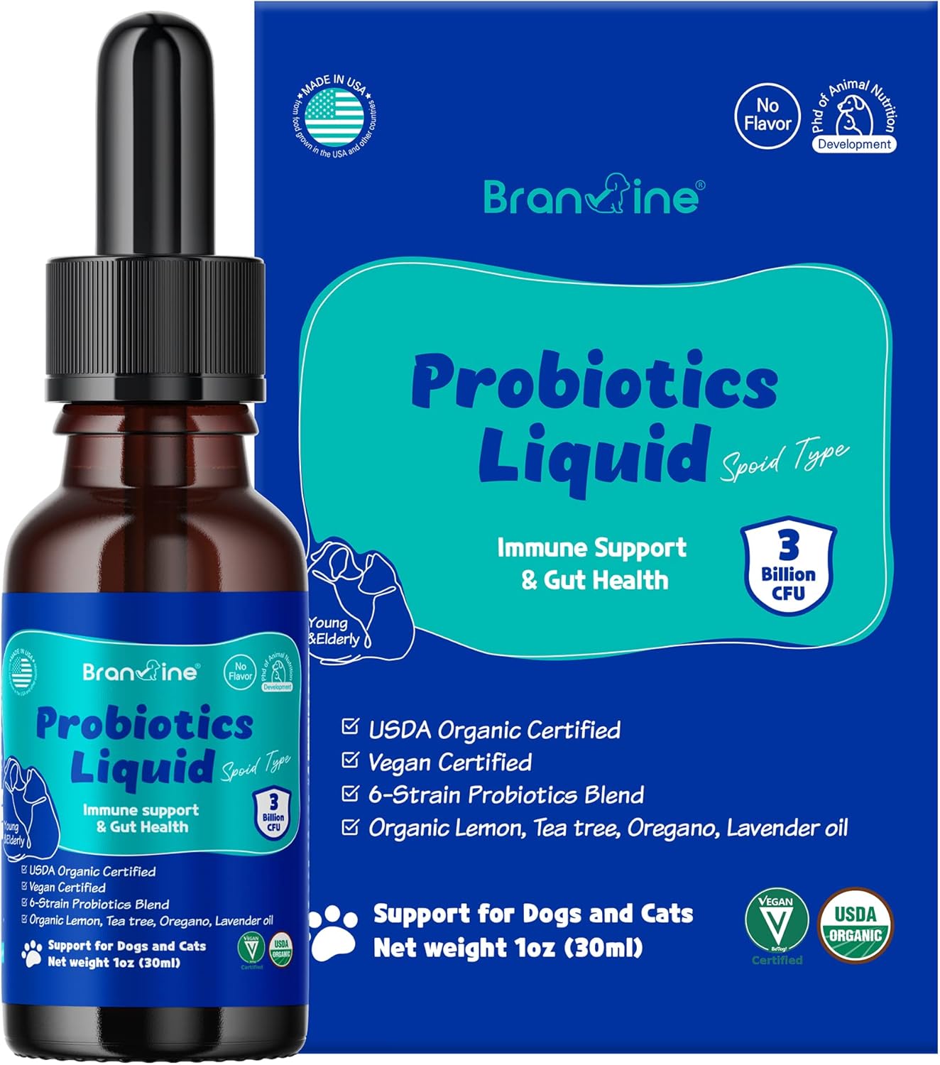 Organic Liquid Probiotics for Cats and Dogs - Immune Support & Gut Health Formula with 6 Strains, Organic Lemon, Tea Tree, Oregano, Lavender - 30ml