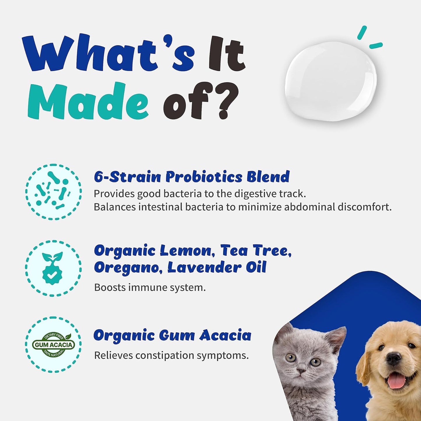 Organic Liquid Probiotics for Cats and Dogs - Immune Support & Gut Health Formula with 6 Strains, Organic Lemon, Tea Tree, Oregano, Lavender - 30ml