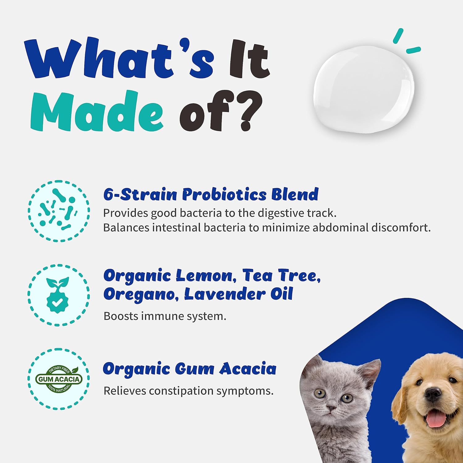 Organic Liquid Probiotics for Cats and Dogs - Immune Support & Gut Health Formula with 6 Strains, Organic Lemon, Tea Tree, Oregano, Lavender - 30ml