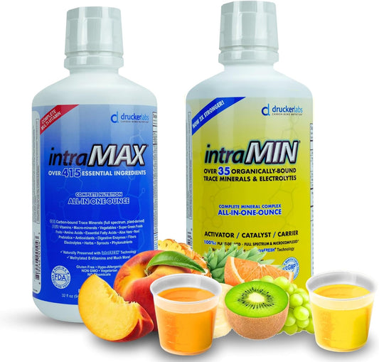 Organic Liquid Trace Minerals & Multivitamin Bundle - intraMAX 2.0 Peach Mango & intraMIN Tropical Fruit, Immune Support, Non GMO, Dairy Free, Gluten Free, Vegan (32 oz. Each)