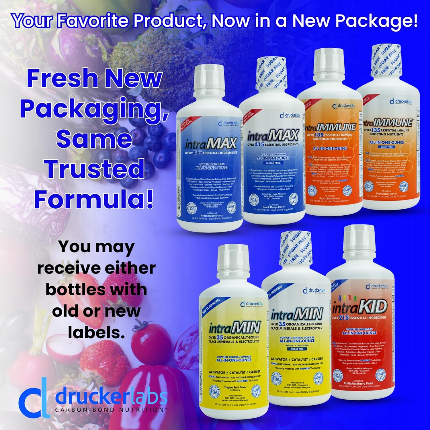 Organic Liquid Trace Minerals & Multivitamin Bundle - intraMAX 2.0 Peach Mango & intraMIN Tropical Fruit, Immune Support, Non GMO, Dairy Free, Gluten Free, Vegan (32 oz. Each)