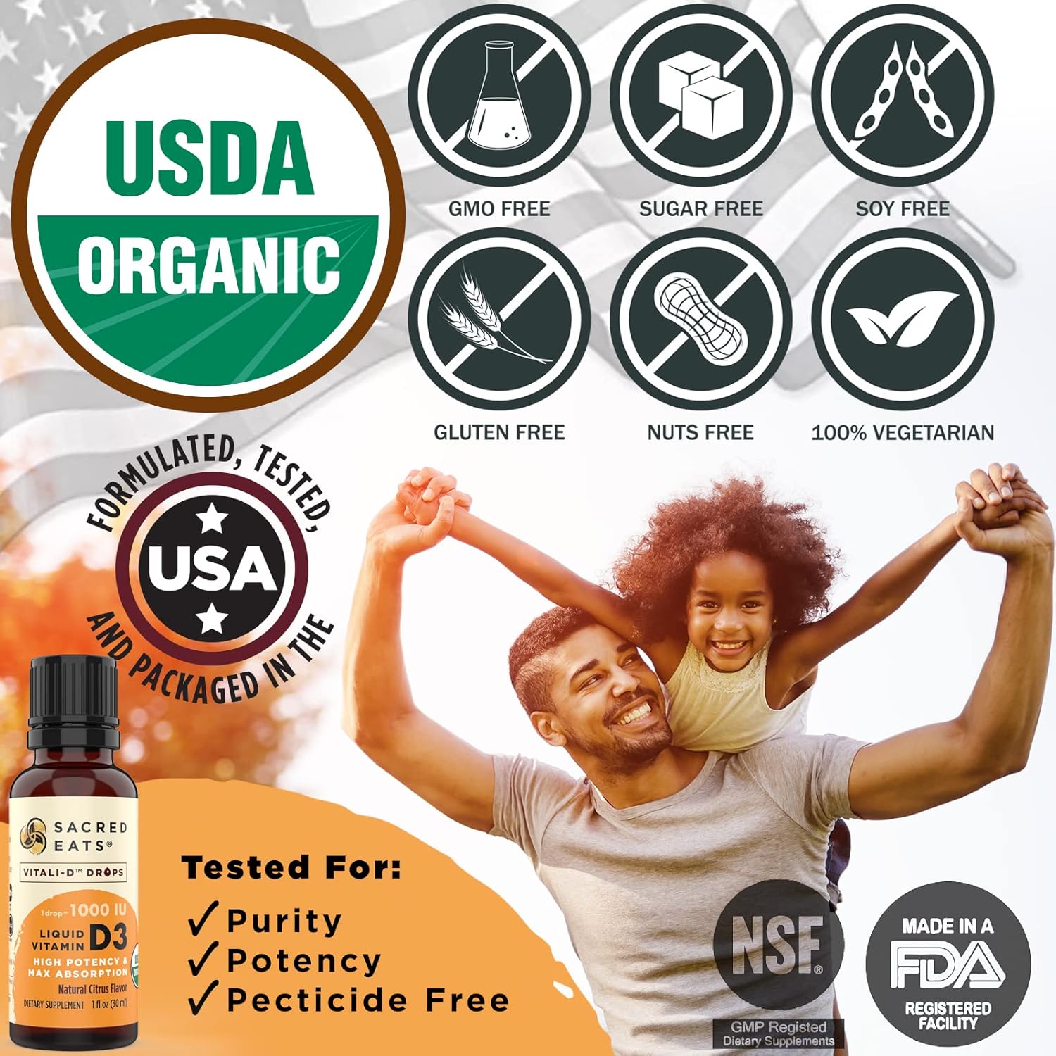 Organic Liquid Vitamin D Drops for Kids & Adults - Sugar Free, Easy to Use 1,000 IU/Drop in Coconut MCT Oil - High Absorption VIT D3 Supplement - Citrus Flavor