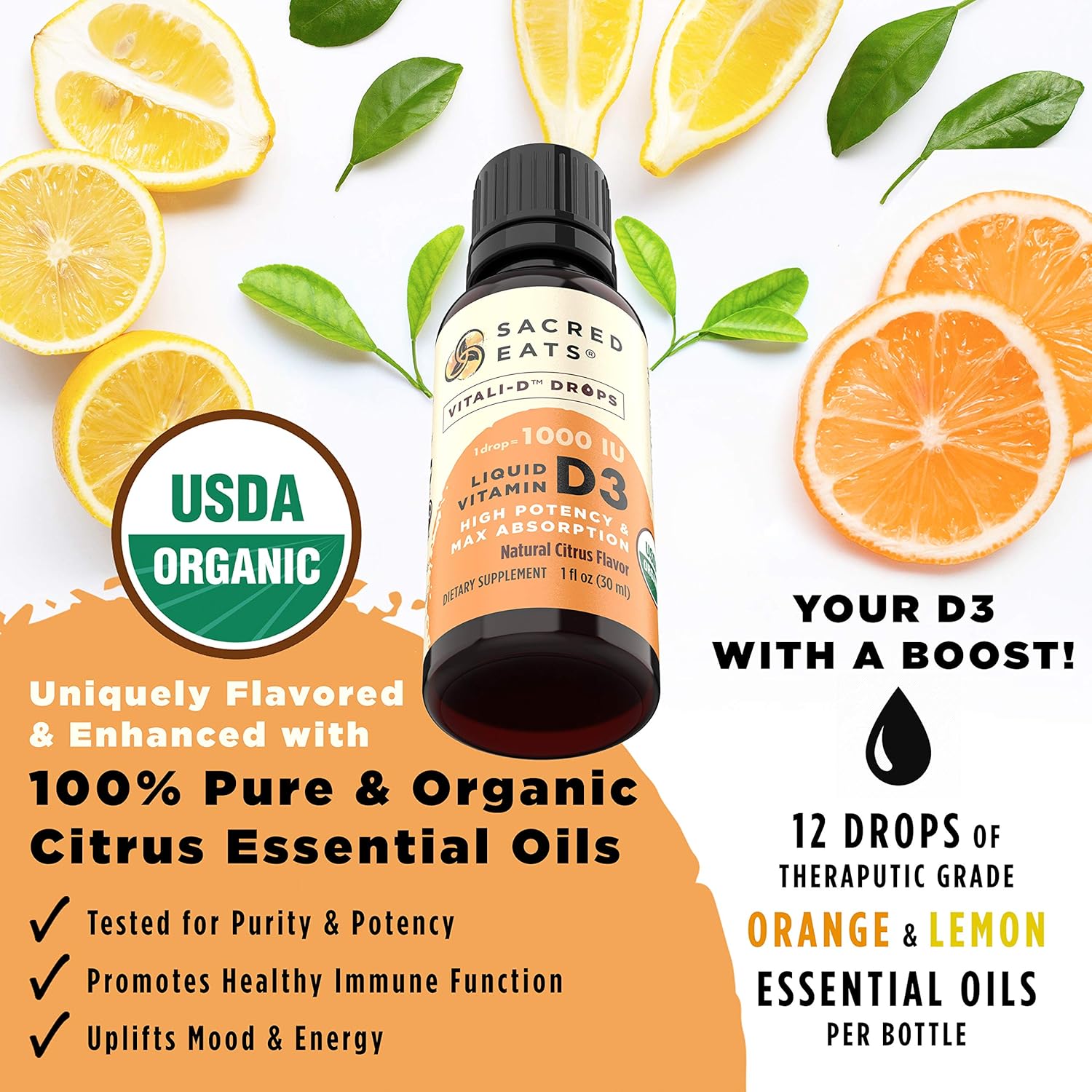 Organic Liquid Vitamin D Drops for Kids & Adults - Sugar Free, Easy to Use 1,000 IU/Drop in Coconut MCT Oil - High Absorption VIT D3 Supplement - Citrus Flavor