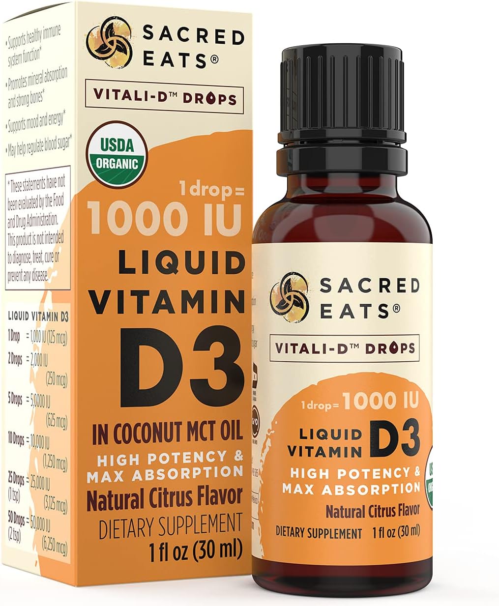 Organic Liquid Vitamin D Drops for Kids & Adults - Sugar Free, Easy to Use 1,000 IU/Drop in Coconut MCT Oil - High Absorption VIT D3 Supplement - Citrus Flavor