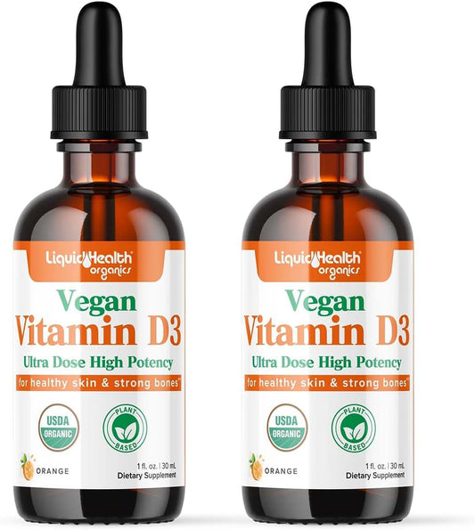 Organic Liquid Vitamin D3 5000 IU Drops for Adults & Kids - Vegan Immune, Bone, Mood Support - 2 Pack