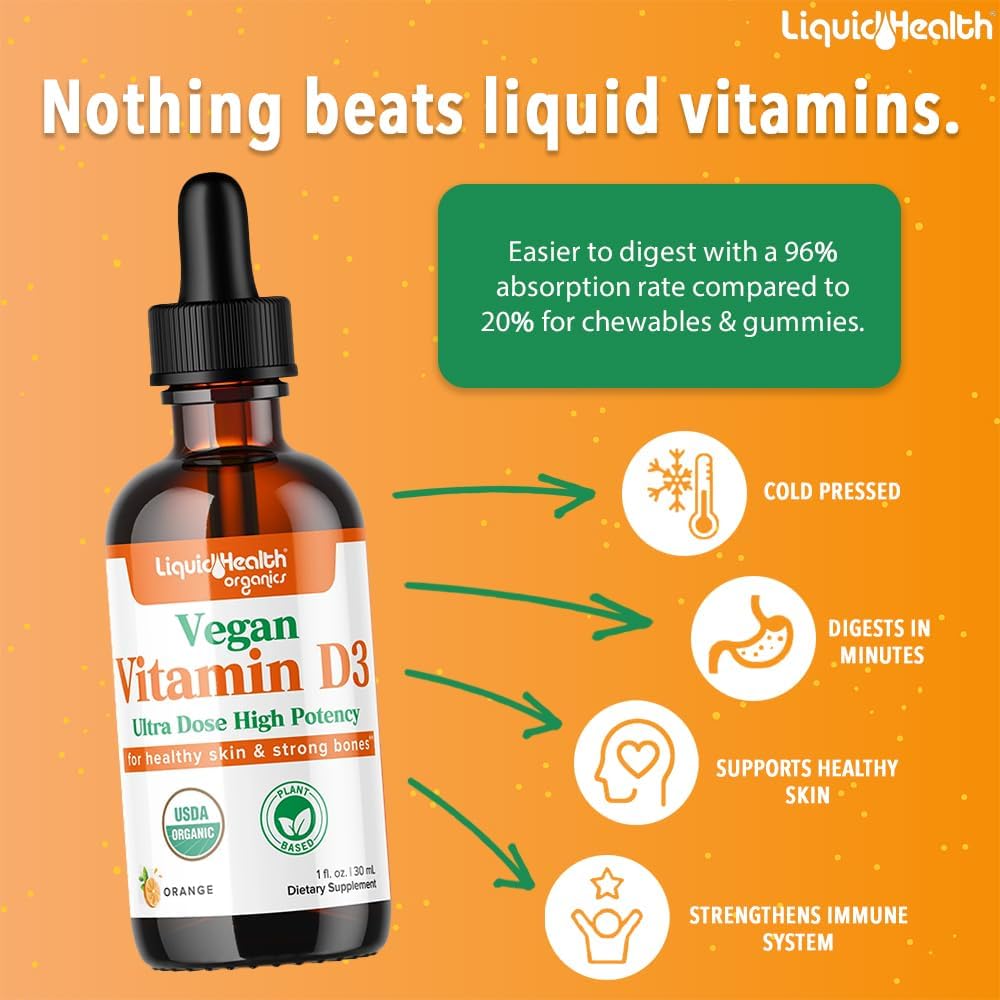 Organic Liquid Vitamin D3 5000 IU Drops for Adults & Kids - Vegan Immune & Bone Health Support - 3 Pack