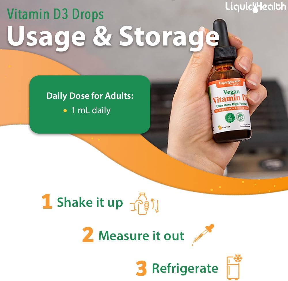 Organic Liquid Vitamin D3 5000 IU Drops for Adults & Kids - Vegan Immune & Bone Health Support - 3 Pack