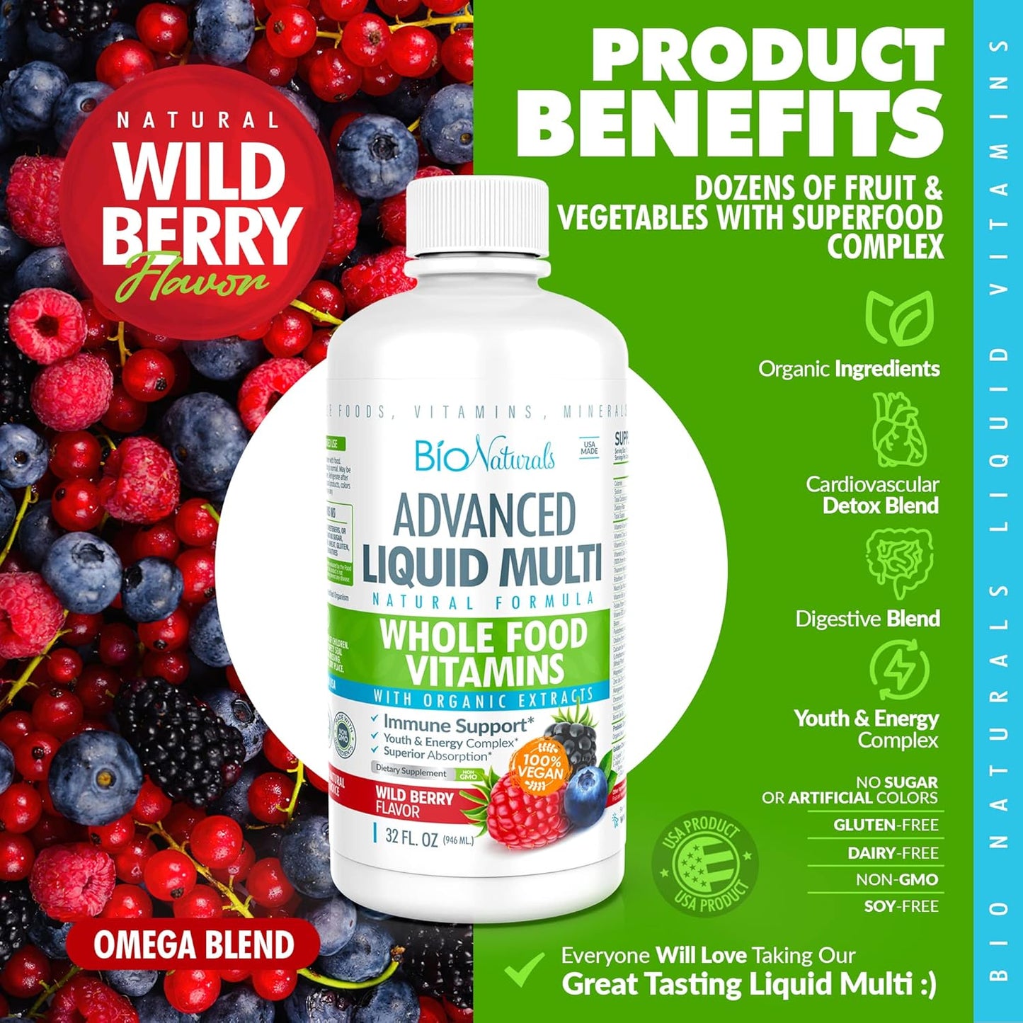 Organic Liquid Whole Food Multivitamin for Men & Women - Superfoods, Omegas, 100+ Ingredients - Vegan - 32 oz
