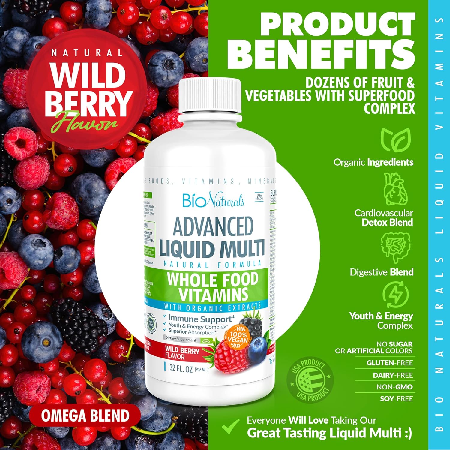 Organic Liquid Whole Food Multivitamin for Men & Women - Superfoods, Omegas, 100+ Ingredients - Vegan - 32 oz