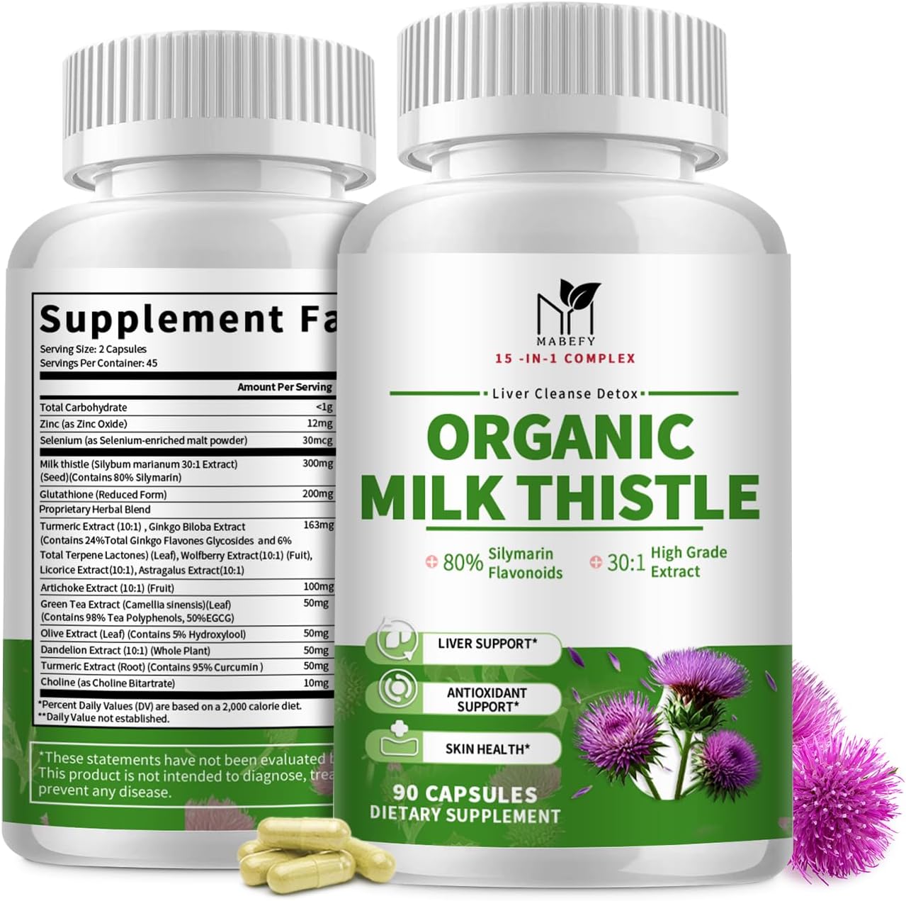 Organic Liver Cleanse Detox & Repair Capsules with Milk Thistle, Artichoke, Dandelion & Glutathione - Antioxidant Support - Non-GMO - 90 Veg Caps