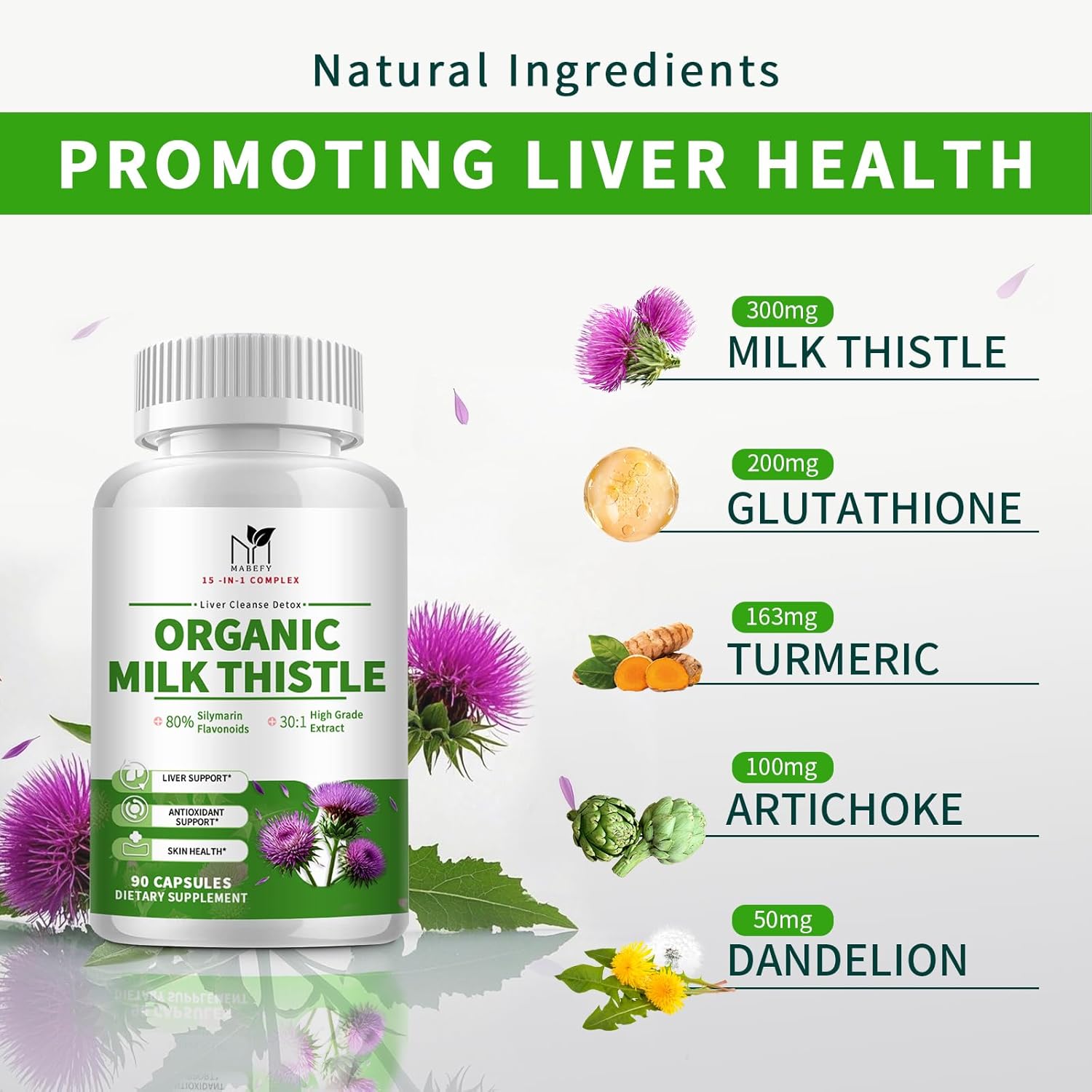 Organic Liver Cleanse Detox & Repair Capsules with Milk Thistle, Artichoke, Dandelion & Glutathione - Antioxidant Support - Non-GMO - 90 Veg Caps