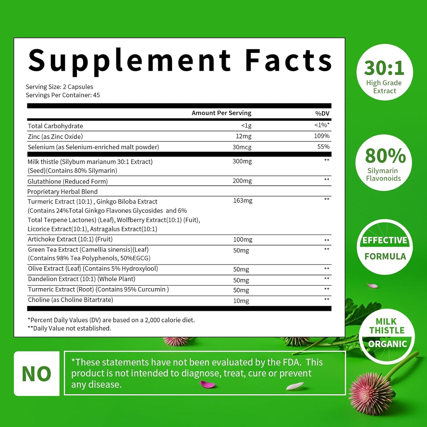 Organic Liver Cleanse Detox & Repair Capsules with Milk Thistle, Artichoke, Dandelion & Glutathione - Antioxidant Support - Non-GMO - 90 Veg Caps