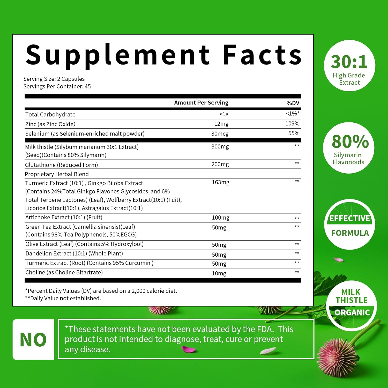 Organic Liver Cleanse Detox & Repair Capsules with Milk Thistle, Artichoke, Dandelion & Glutathione - Antioxidant Support - Non-GMO - 90 Veg Caps