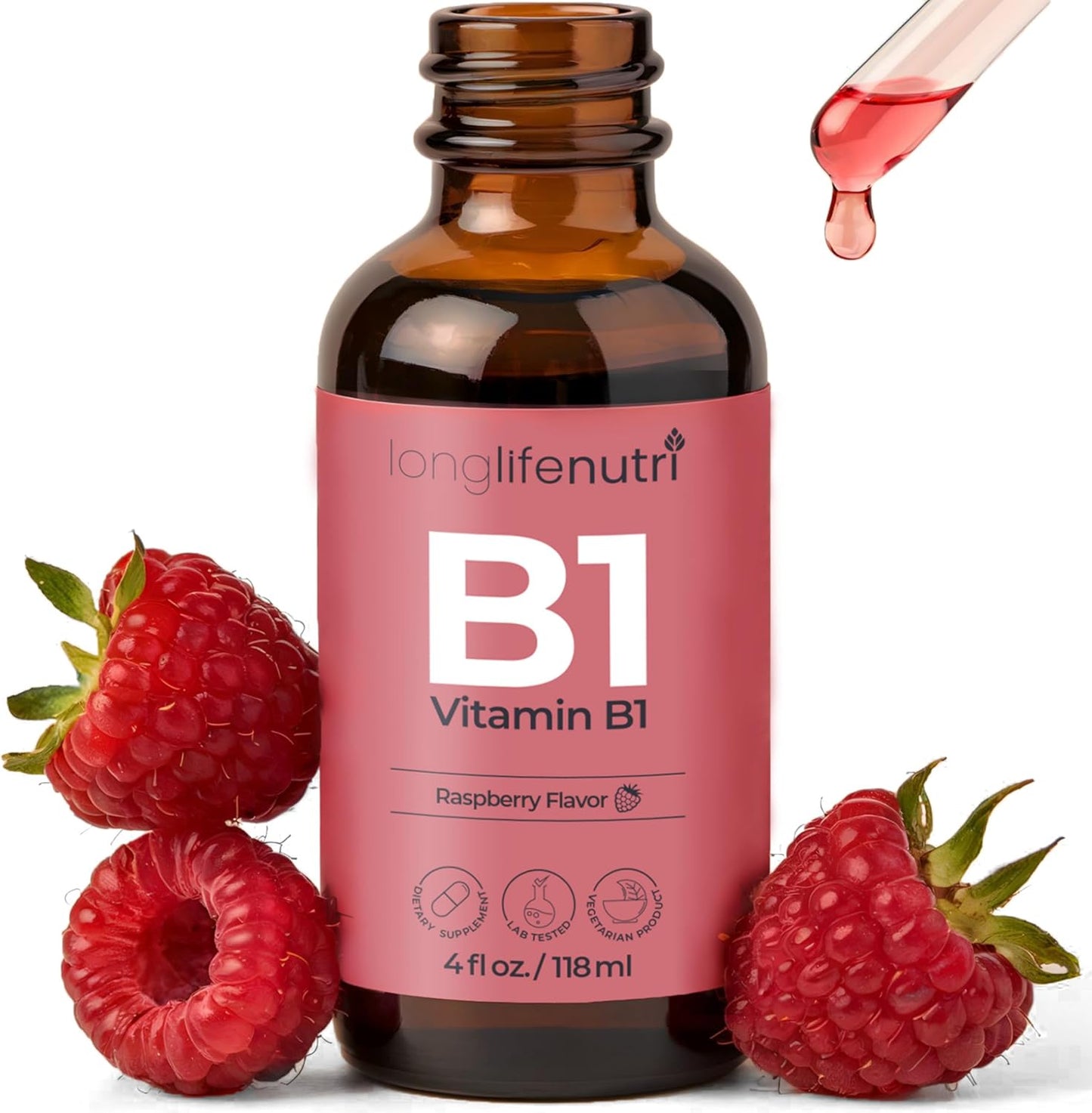 Organic LongLifeNutri Vitamin B1 Liquid Drops - Thiamine Mononitrate Supplement for Energy & Nerve Health, Fast Absorption, 4 FL OZ, 5-Month Supply, Lab Tested - USA Made