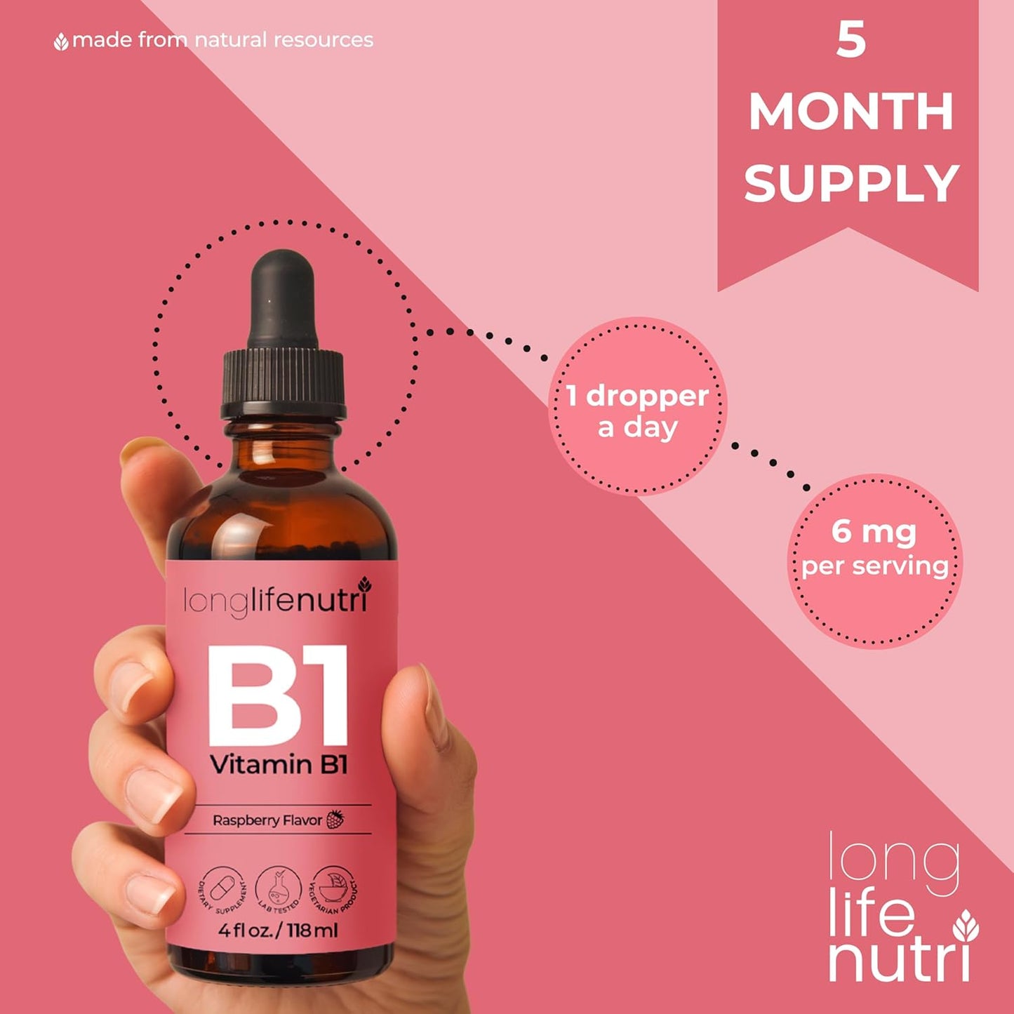 Organic LongLifeNutri Vitamin B1 Liquid Drops - Thiamine Mononitrate Supplement for Energy & Nerve Health, Fast Absorption, 4 FL OZ, 5-Month Supply, Lab Tested - USA Made