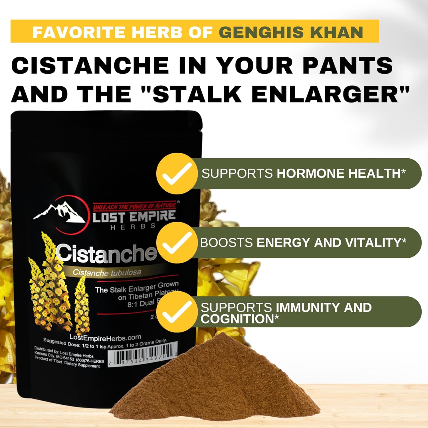 Organic Lost Empire Herbs Cistanche Tubulosa Powder Extract - 60g 8:1 Dual Extract for Men - Natural Stalk Enhancer