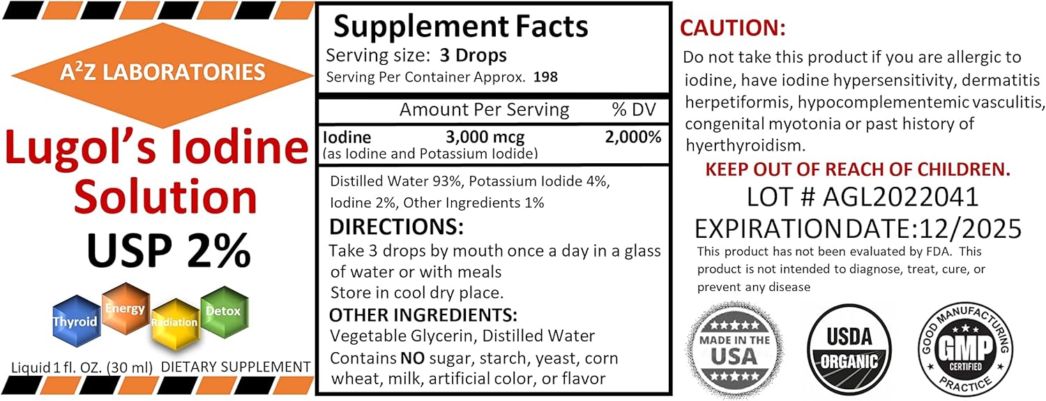 Organic Lugol's Iodine & Potassium Iodide 2% Solution - Liquid Drops for Thyroid Support, Metabolism Health, Detox - 1 Fl Oz - Made in USA/Men & Women - 3000 mcg/Quick Shipping