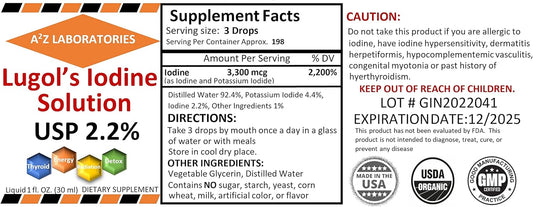 Organic Lugol's Iodine & Potassium Iodide Solution - 2.0% Liquid Drops for Thyroid Support, Detox & Metabolism - 1 Fl Oz - Made in USA