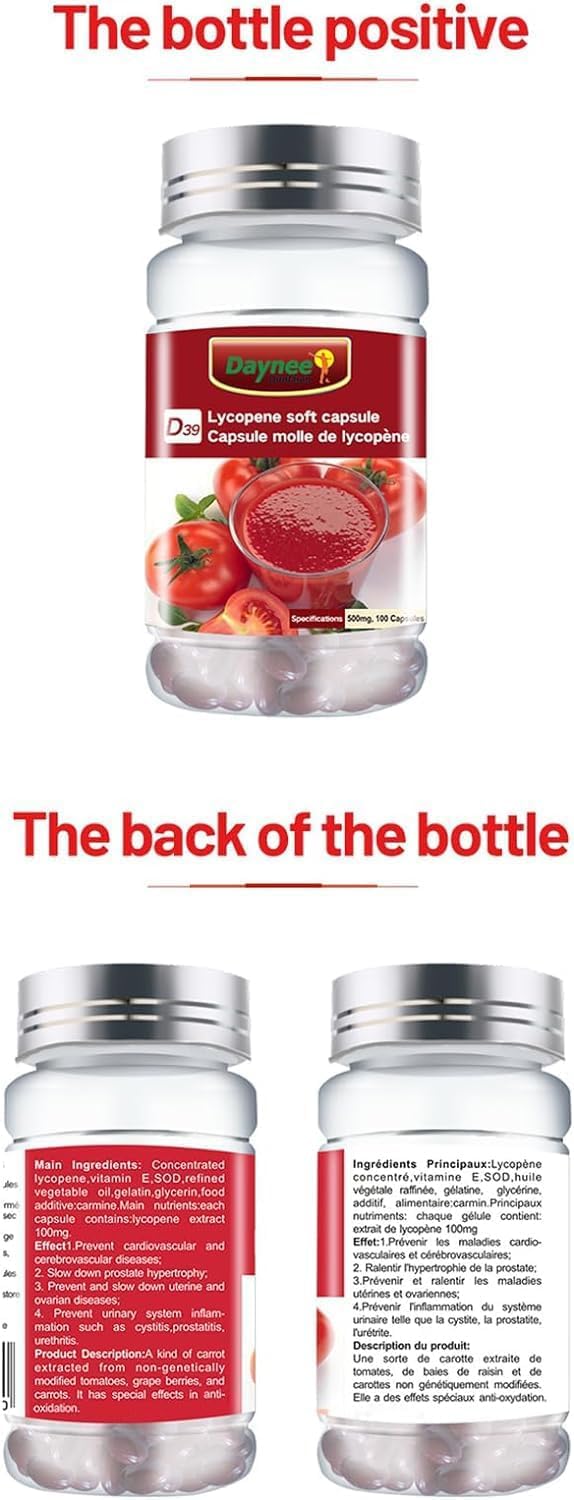 Organic Lycopene Capsules 100mg - Tomato Extract Supplement, Non-GMO, Gluten-Free, 100 Softgels