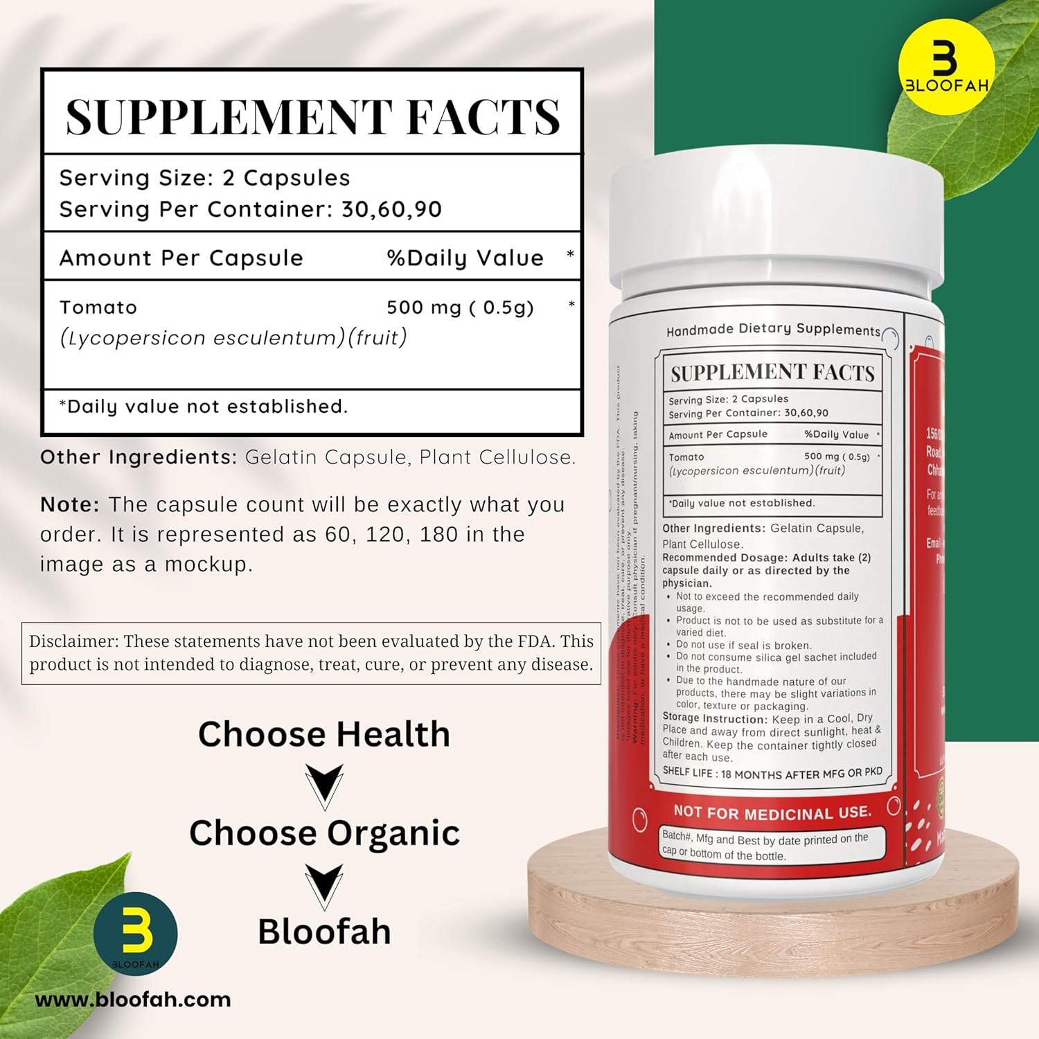 Organic Lycopene Capsules 500mg - 120 Count | Plant-Based Carotenoid Supplement for Health | Gluten-Free, Non-GMO Formula from Bloofah Tomatoes