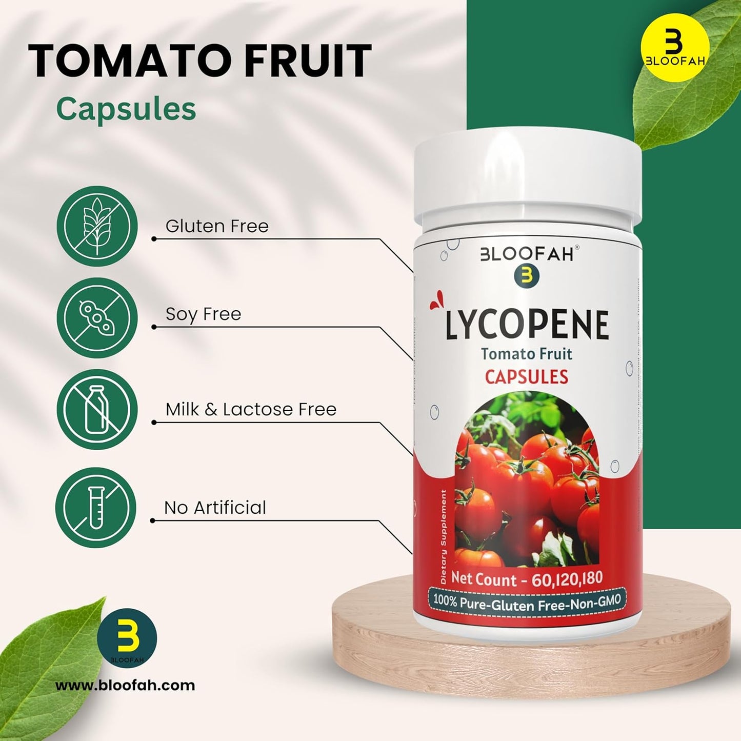 Organic Lycopene Capsules 500mg - 120 Count | Plant-Based Carotenoid Supplement for Health | Gluten-Free, Non-GMO Formula from Bloofah Tomatoes