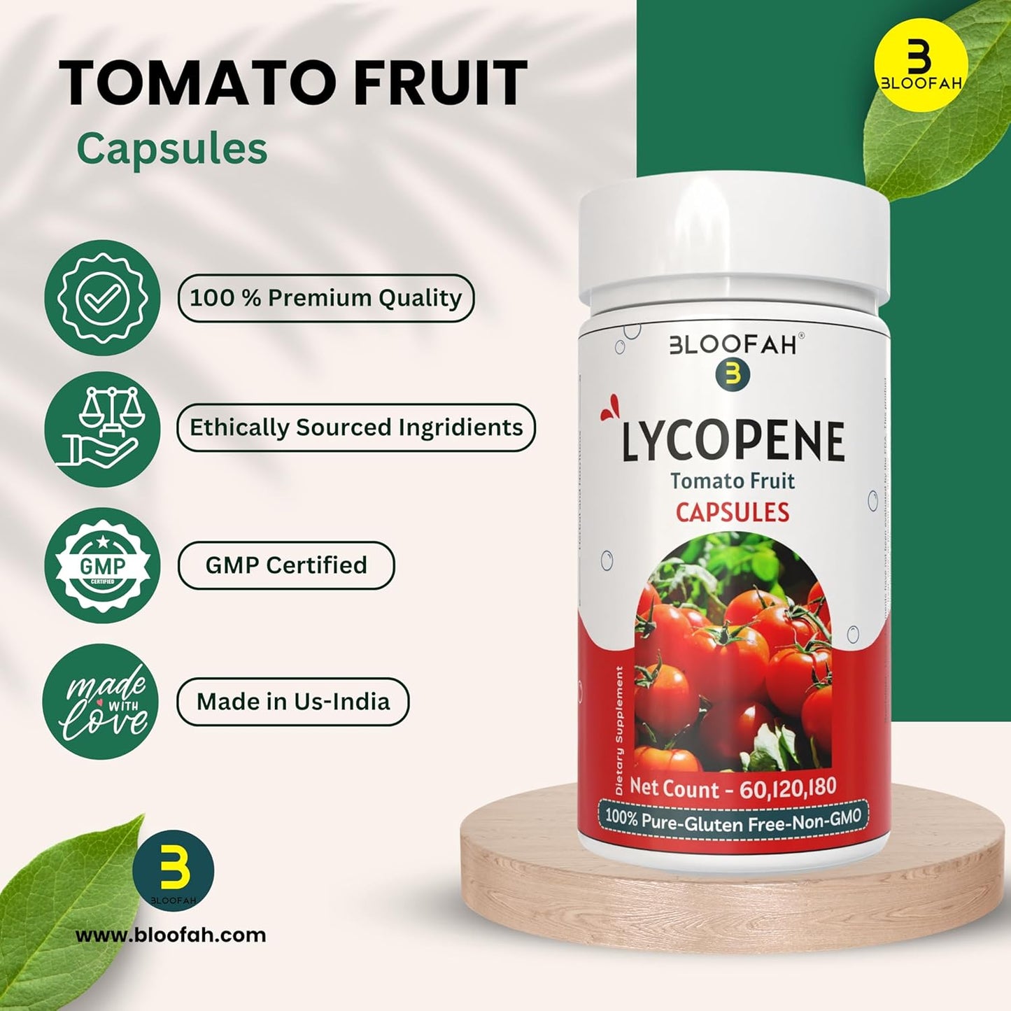 Organic Lycopene Capsules 500mg - 120 Count | Plant-Based Carotenoid Supplement for Health | Gluten-Free, Non-GMO Formula from Bloofah Tomatoes