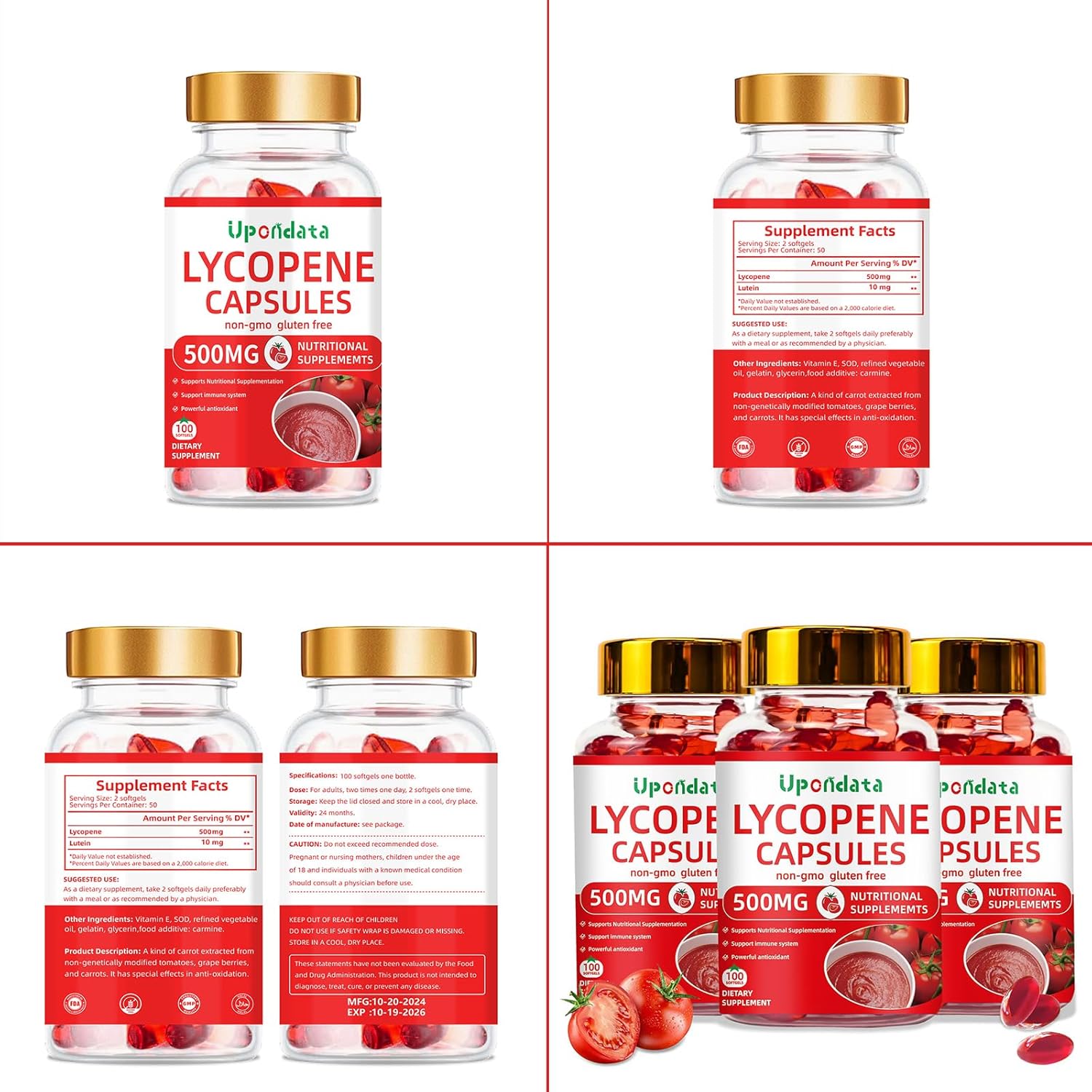 Organic Lycopene Capsules 500mg - Tomato Extract Supplement - 100 Softgels - Gluten-Free, Non-GMO - 1 Pack