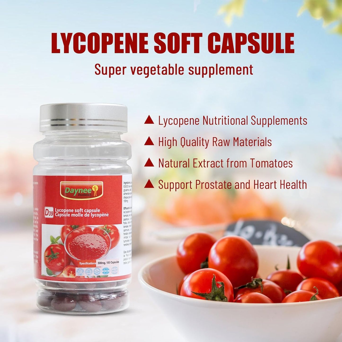 Organic Lycopene Softgel Capsules - 100mg Tomato Extract Supplement Formula, 500mg Per Capsule, 100 Softgels