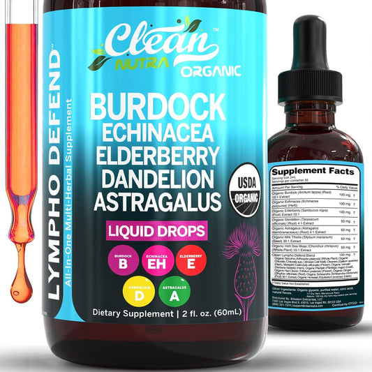 Organic Lymphatic Drainage Drops Supplement with Burdock Root, Elderberry, and Milk Thistle for Immune Support - Clean Nutra