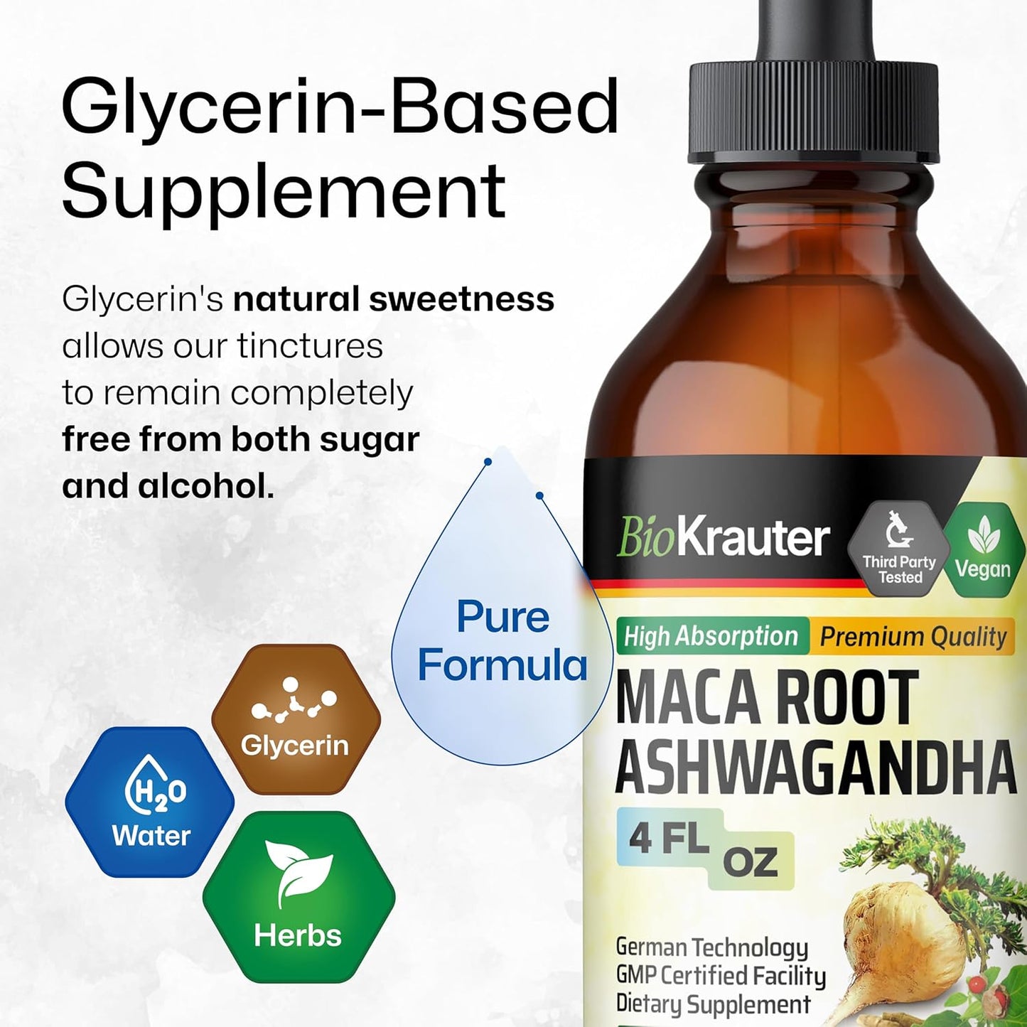 Organic Maca Root and Ashwagandha Tincture - Liquid Mood Support Supplement for Men & Women - Vegan Drops, Alcohol & Sugar-Free - 4 Fl.Oz.