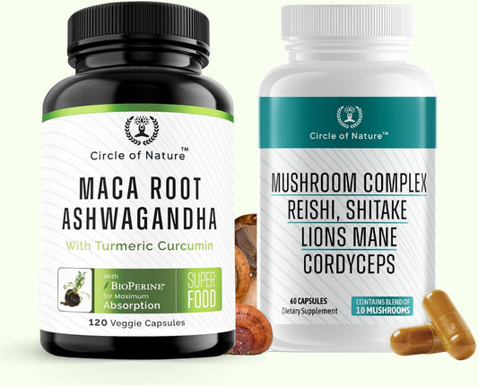 Organic Maca Root Ashwagandha & Mushroom Supplement with Lions Mane, Cordyceps, Reishi, Shiitake - Circle of Nature Blend