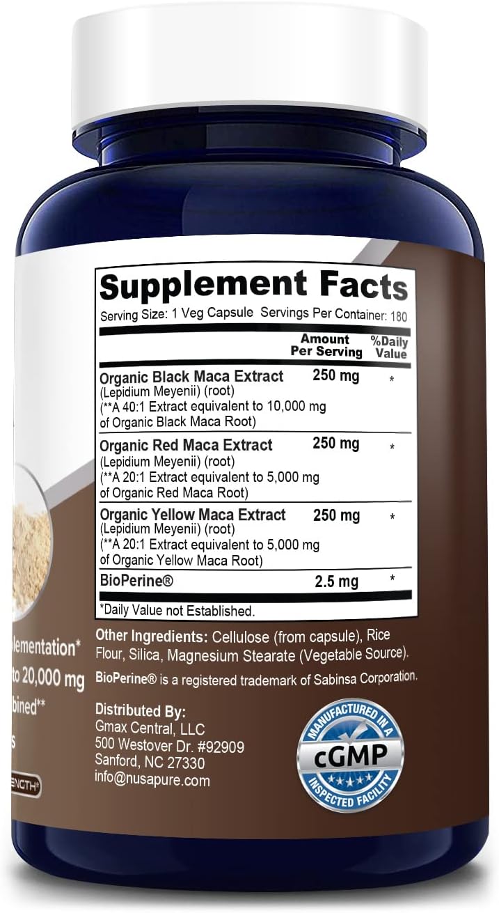 Organic Maca Root Blend 20,000mg - 180 Vegan Capsules with Bioperine - Non-GMO, Gluten-Free