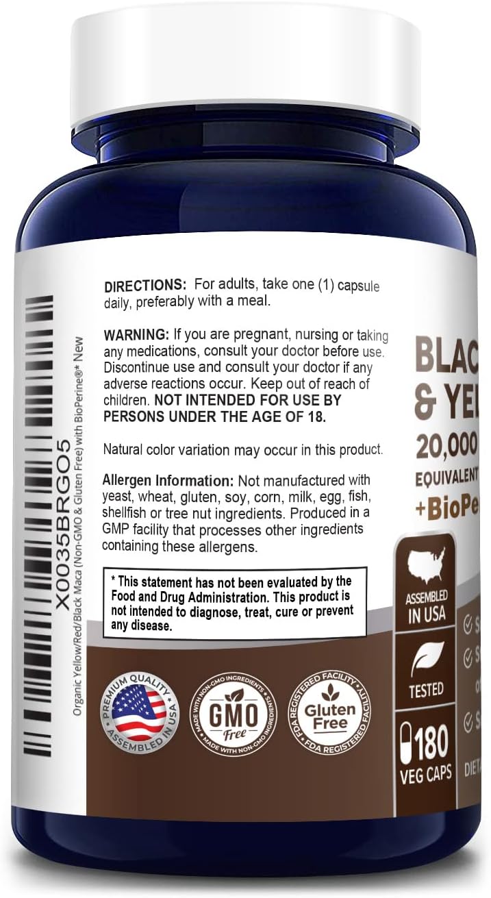 Organic Maca Root Blend 20,000mg - 180 Vegan Capsules with Bioperine - Non-GMO, Gluten-Free