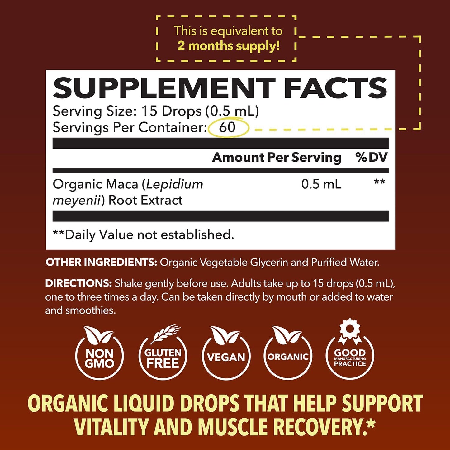 Organic Maca Root Liquid Drops for Hormone Balance, Mood, Energy - Supports Performance and Vitality - Non-GMO, Vegan - 60 Servings