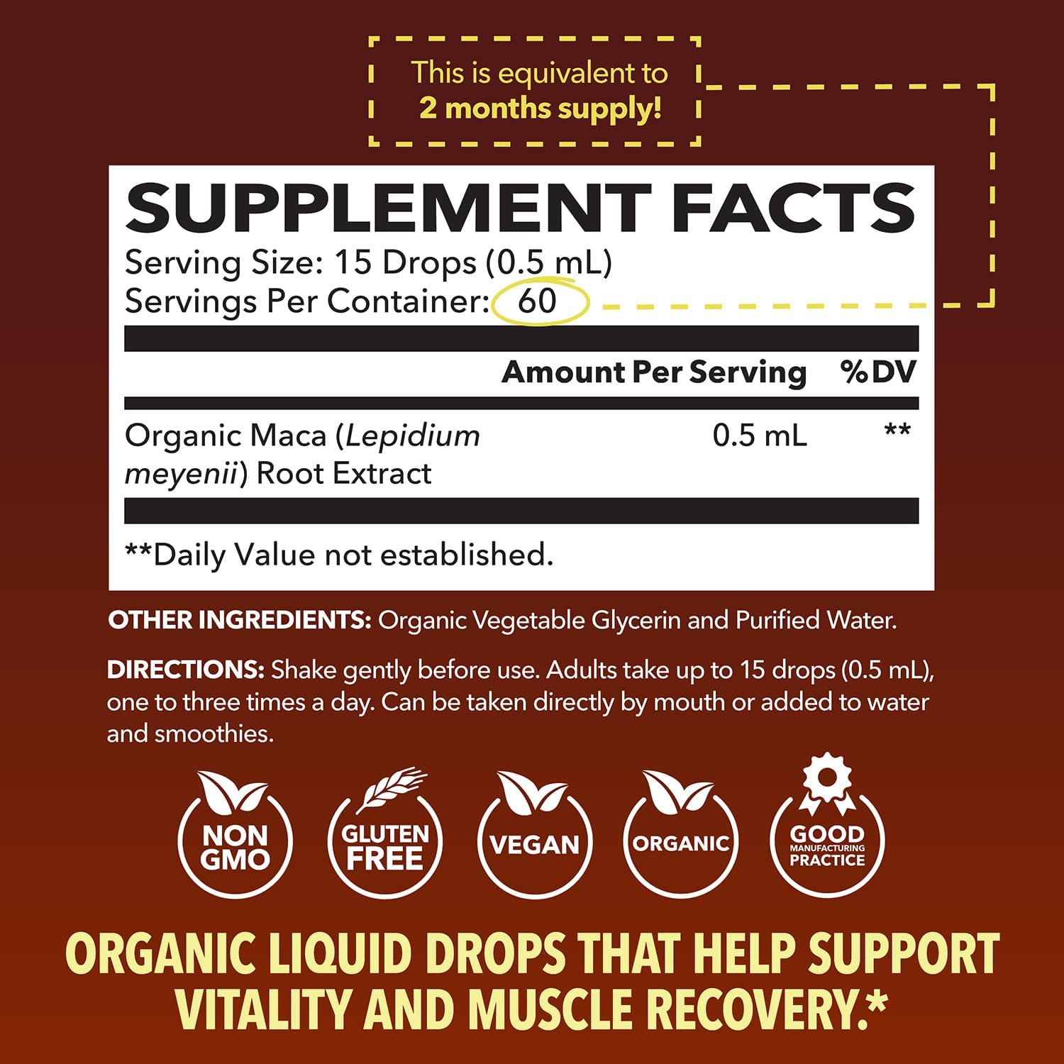 Organic Maca Root Liquid Drops for Hormone Balance, Mood, Energy - Supports Performance and Vitality - Non-GMO, Vegan - 60 Servings