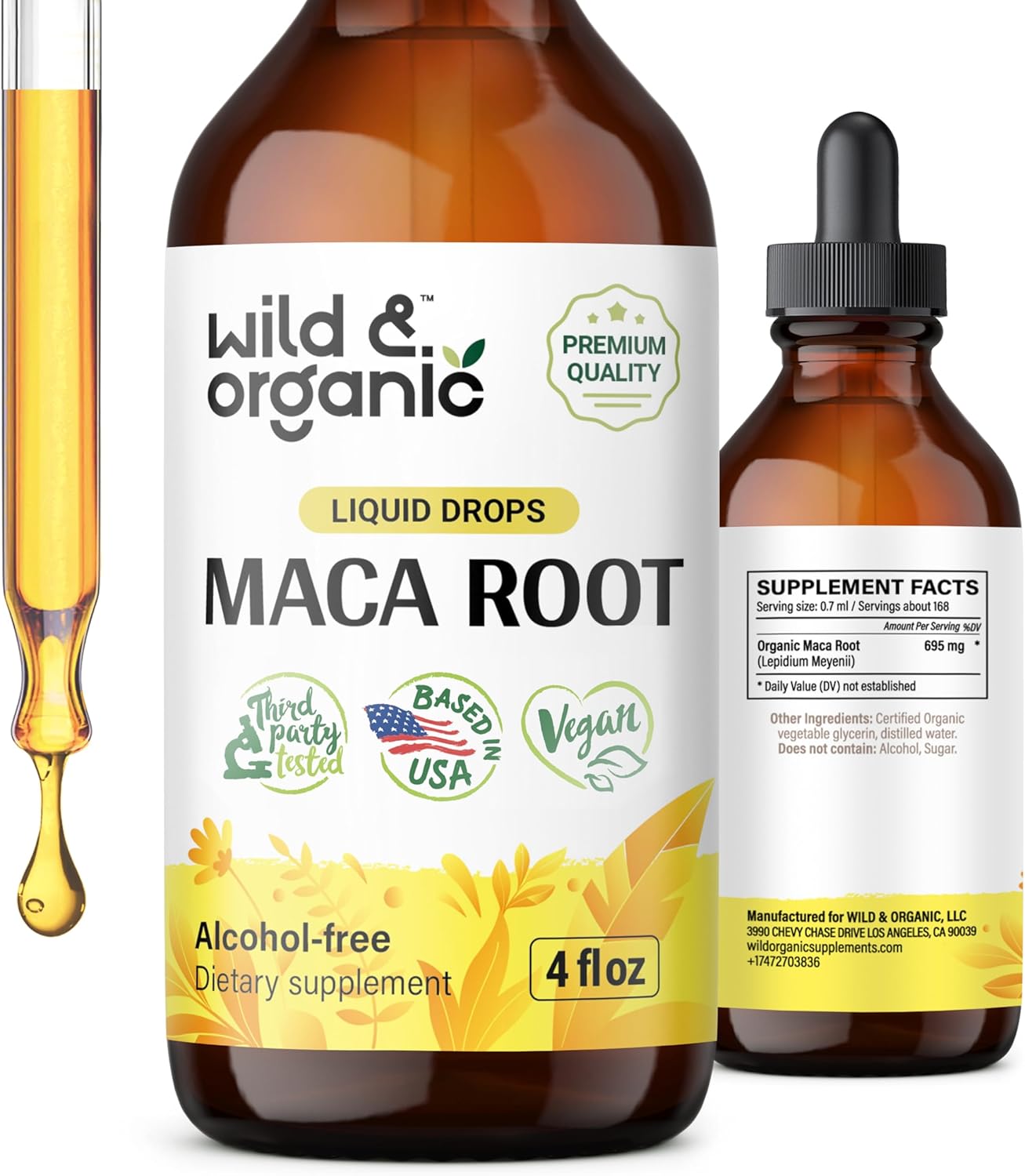 Organic Maca Root Liquid Drops for Men & Women - Peruvian Maca Tincture for Overall Support - Vegan & Alcohol-Free - 4 fl oz