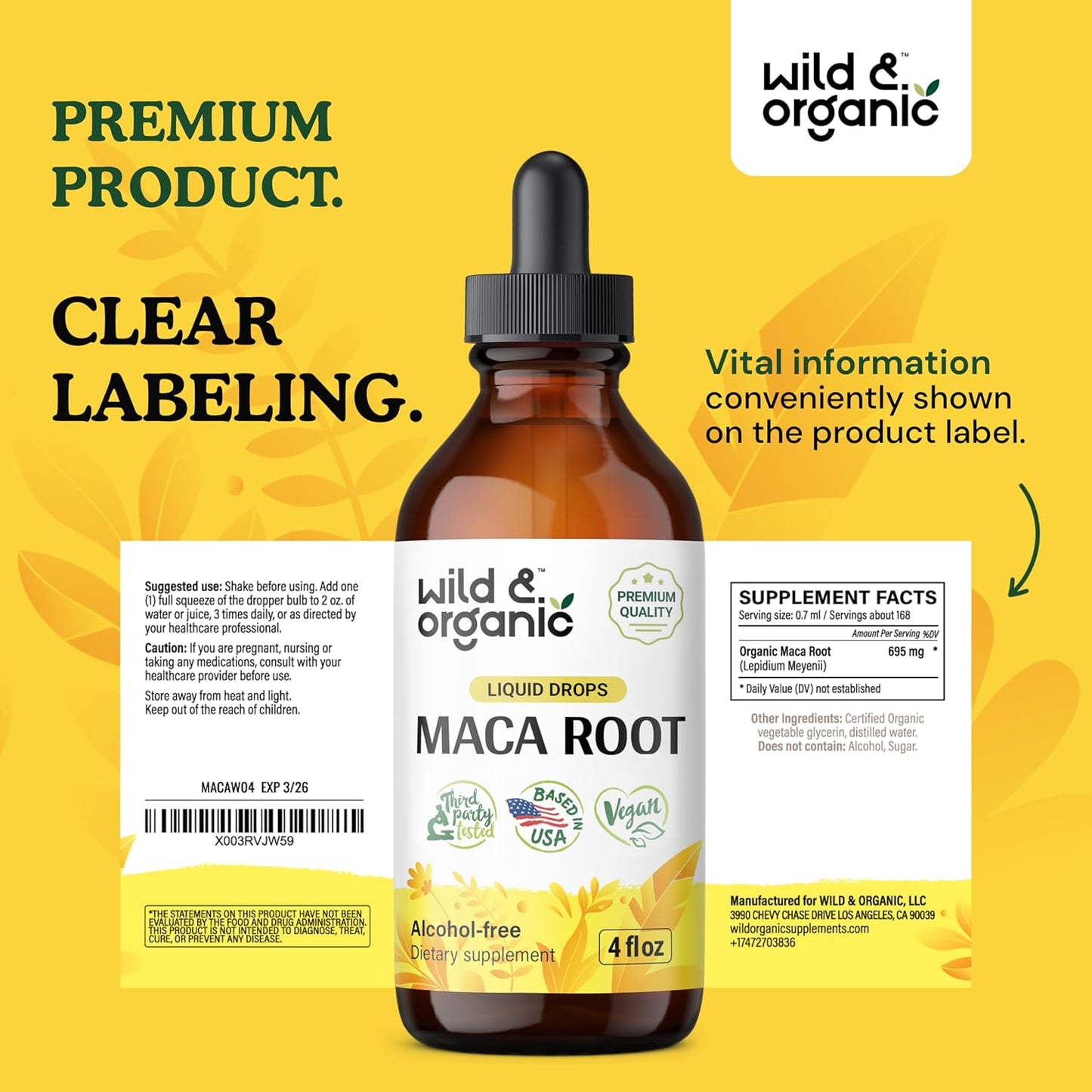 Organic Maca Root Liquid Drops for Men & Women - Peruvian Maca Tincture for Overall Support - Vegan & Alcohol-Free - 4 fl oz