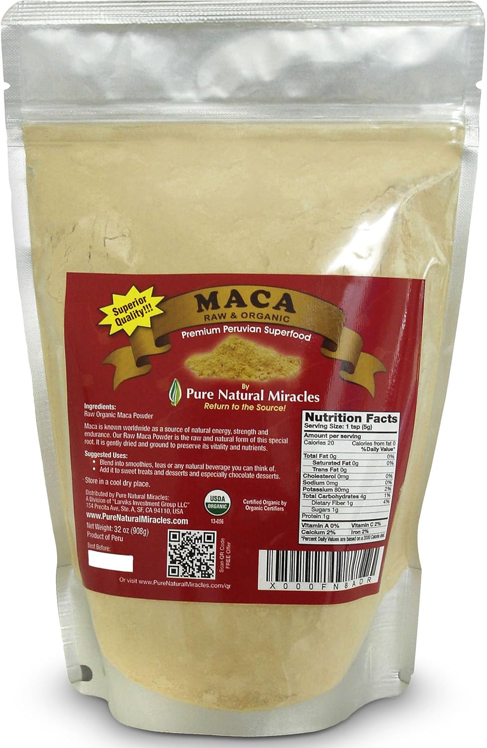 Organic Maca Root Powder - 16 oz - Raw, Vegan, Non GMO - Peruvian Superfood for Energy, Stamina & Strength - Ideal for Smoothies & Shakes