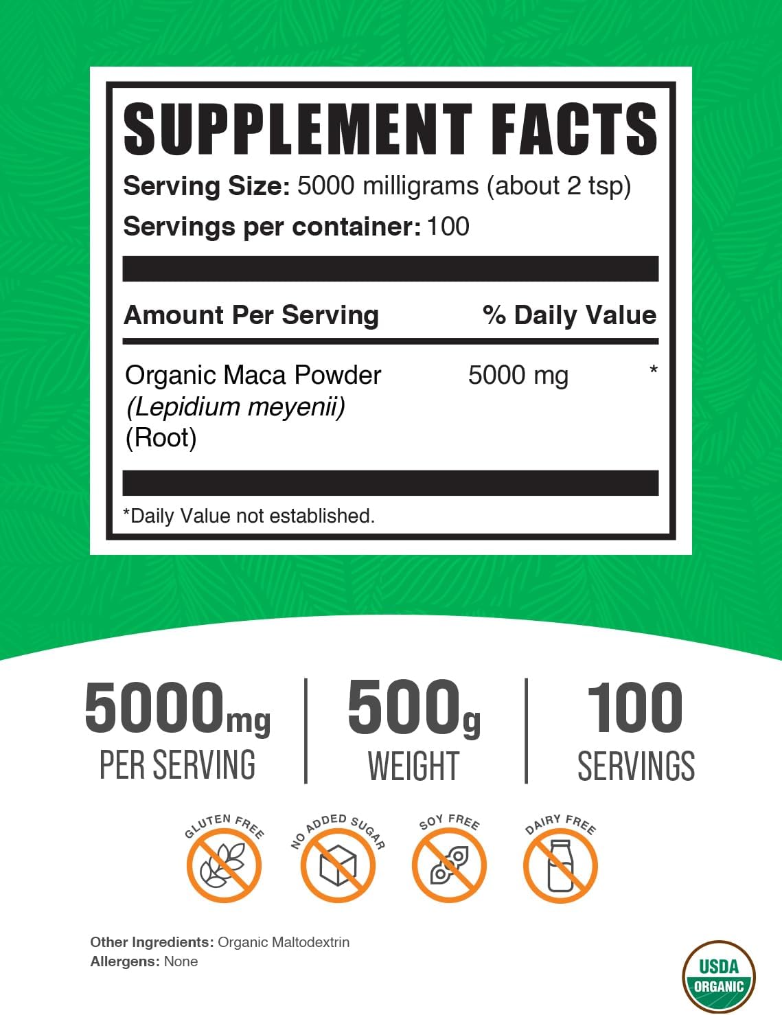 Organic Maca Root Powder Supplement - Superfood, Gluten Free, 5000mg per Serving - 500g (1.1 lbs) - BulkSupplements.com