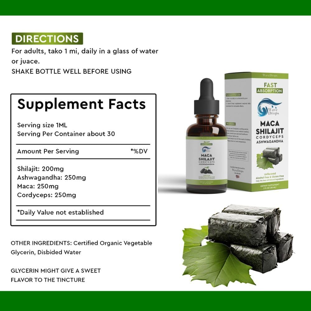 Organic Maca, Shilajit, Cordyceps, Ashwagandha Liquid Drops - Natural Ingredients for Relaxation, Sleep, Cognitive Function - 1 Fl Oz