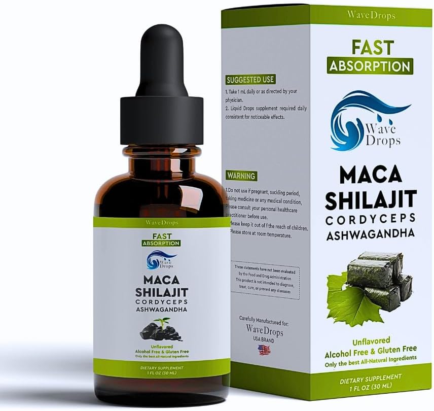 Organic Maca, Shilajit, Cordyceps, Ashwagandha Liquid Drops - Natural Ingredients for Relaxation, Sleep, Cognitive Function - 1 Fl Oz