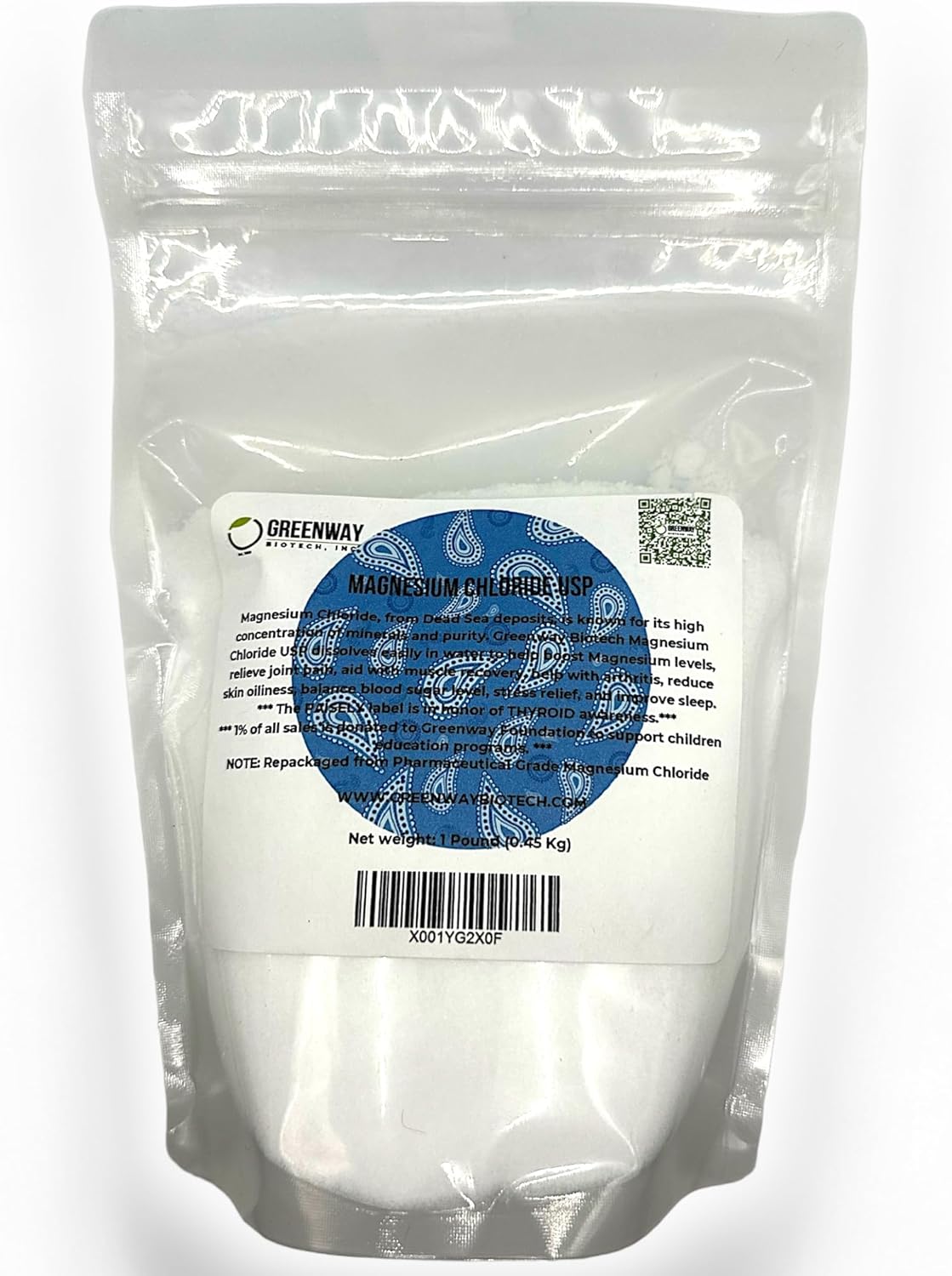 Organic Magnesium Chloride USP Supplement - Edible Powder (1 Pound) - Pharmaceutical Grade - Pure Ph. EUR., BP, USP - Greenway Biotech