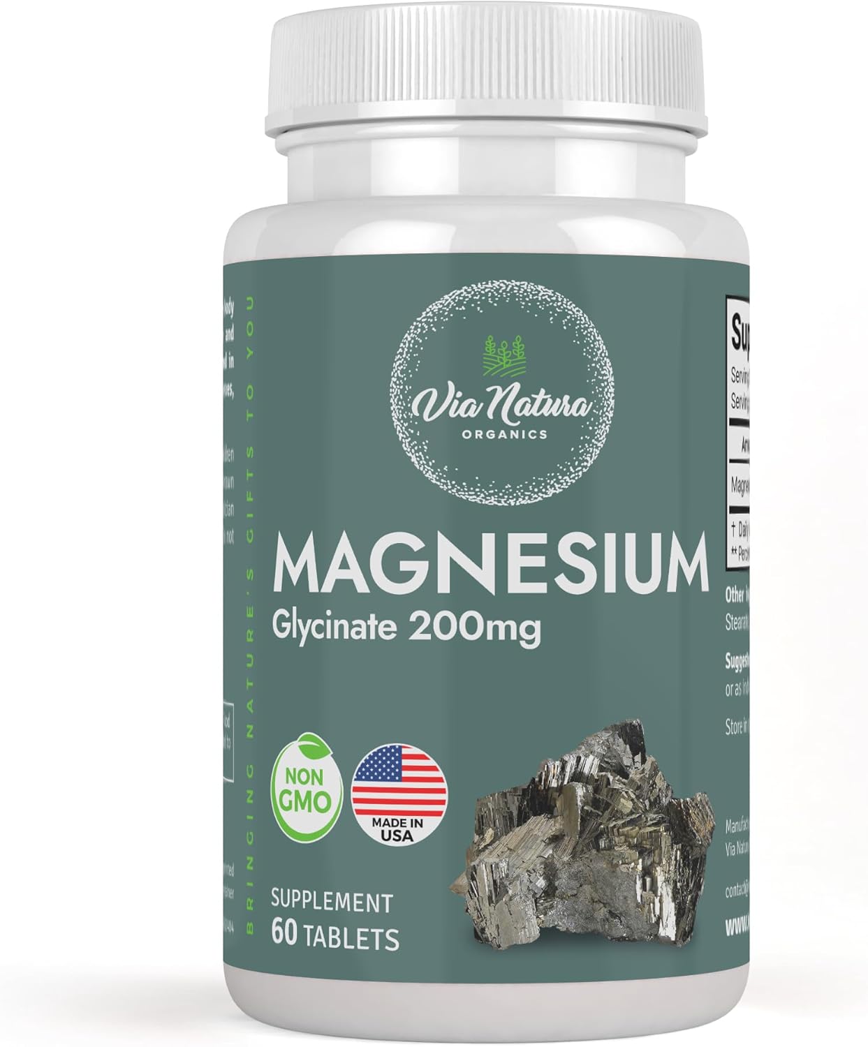 Organic Magnesium Glycinate 200 mg Tablets - Gluten Free & Non-GMO - 60 Count by Via Natura Organics
