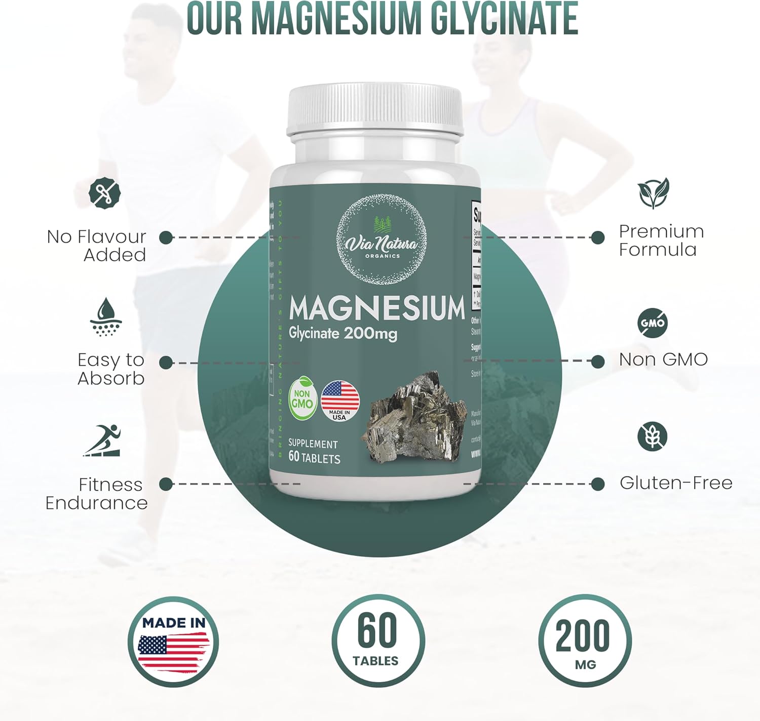 Organic Magnesium Glycinate 200 mg Tablets - Gluten Free & Non-GMO - 60 Count by Via Natura Organics