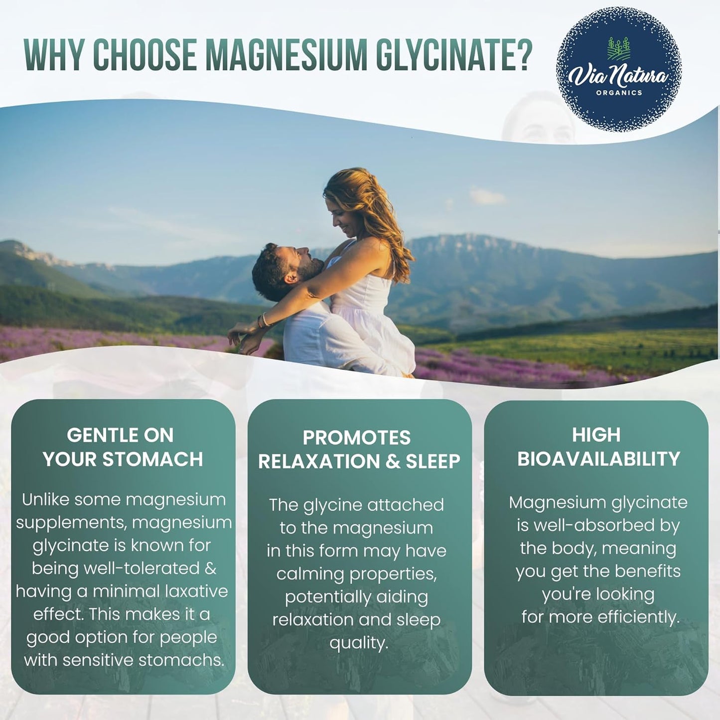 Organic Magnesium Glycinate 200 mg Tablets - Gluten Free & Non-GMO - 60 Count by Via Natura Organics