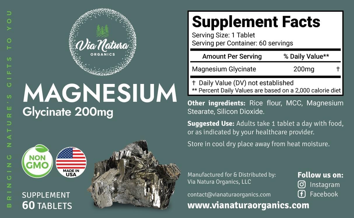 Organic Magnesium Glycinate 200 mg Tablets - Gluten Free & Non-GMO - 60 Count by Via Natura Organics