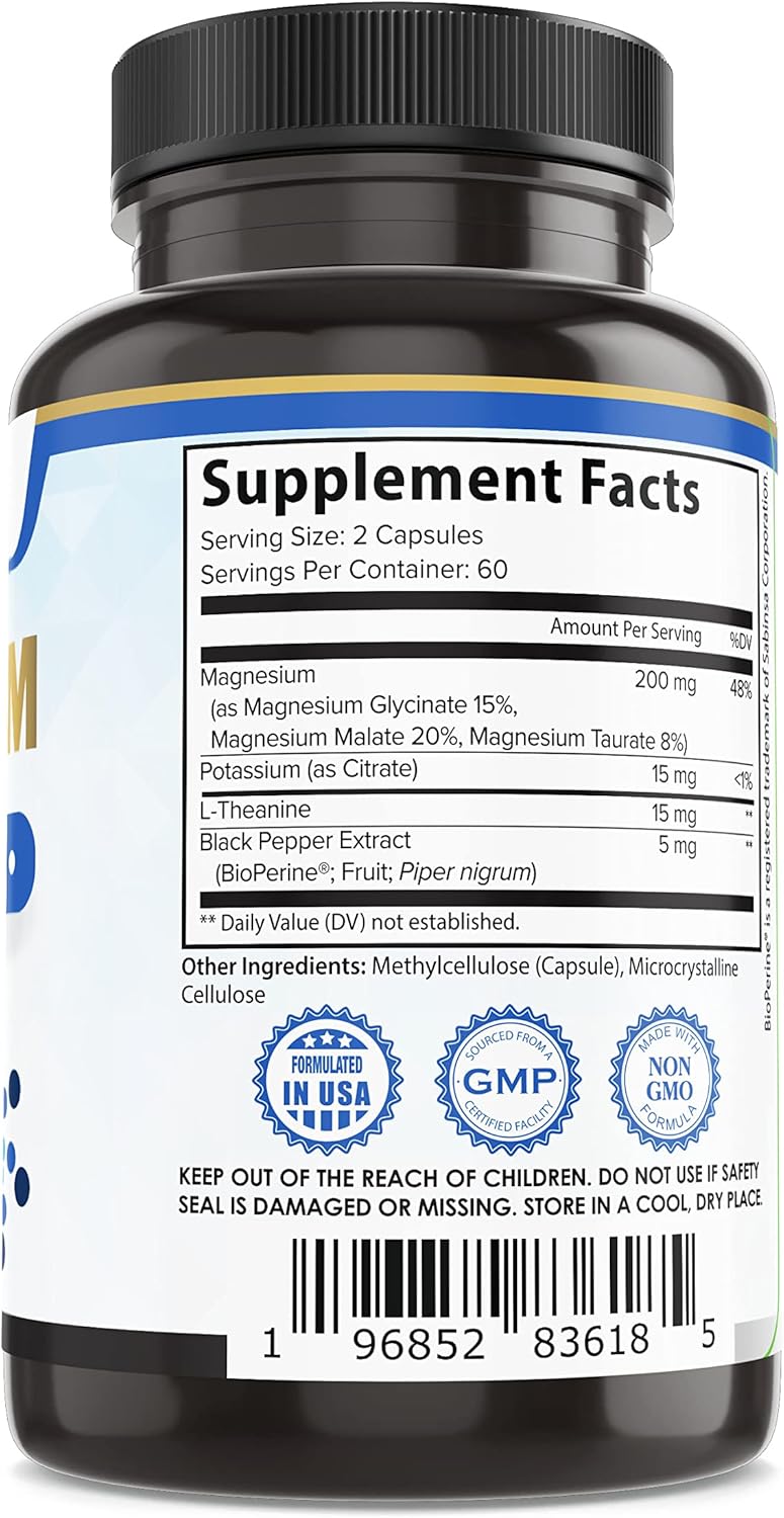 Organic Magnesium Glycinate with L-Theanine, Potassium, & Black Pepper - 120ct High Absorption Formula