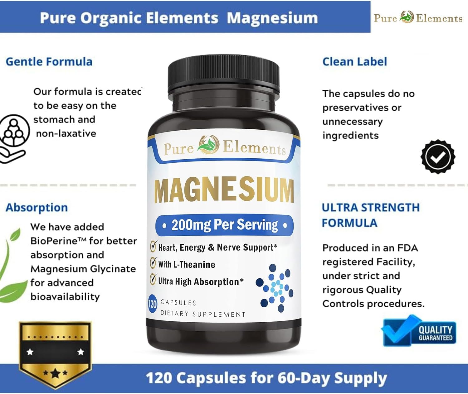 Organic Magnesium Glycinate with L-Theanine, Potassium, & Black Pepper - 120ct High Absorption Formula