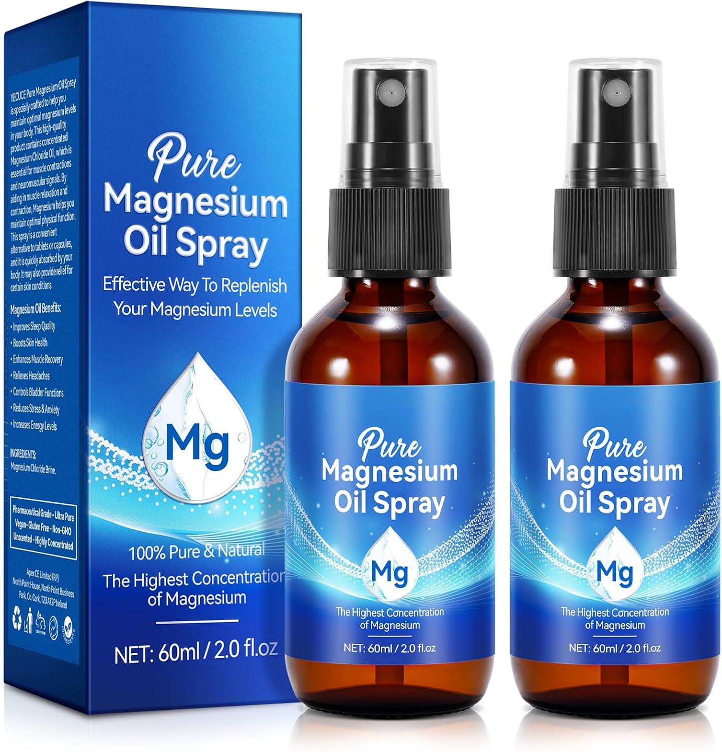 Organic Magnesium Oil Spray for Feet, Easy Absorption, Natural Topical Magnesium (8 Fl Oz Total)