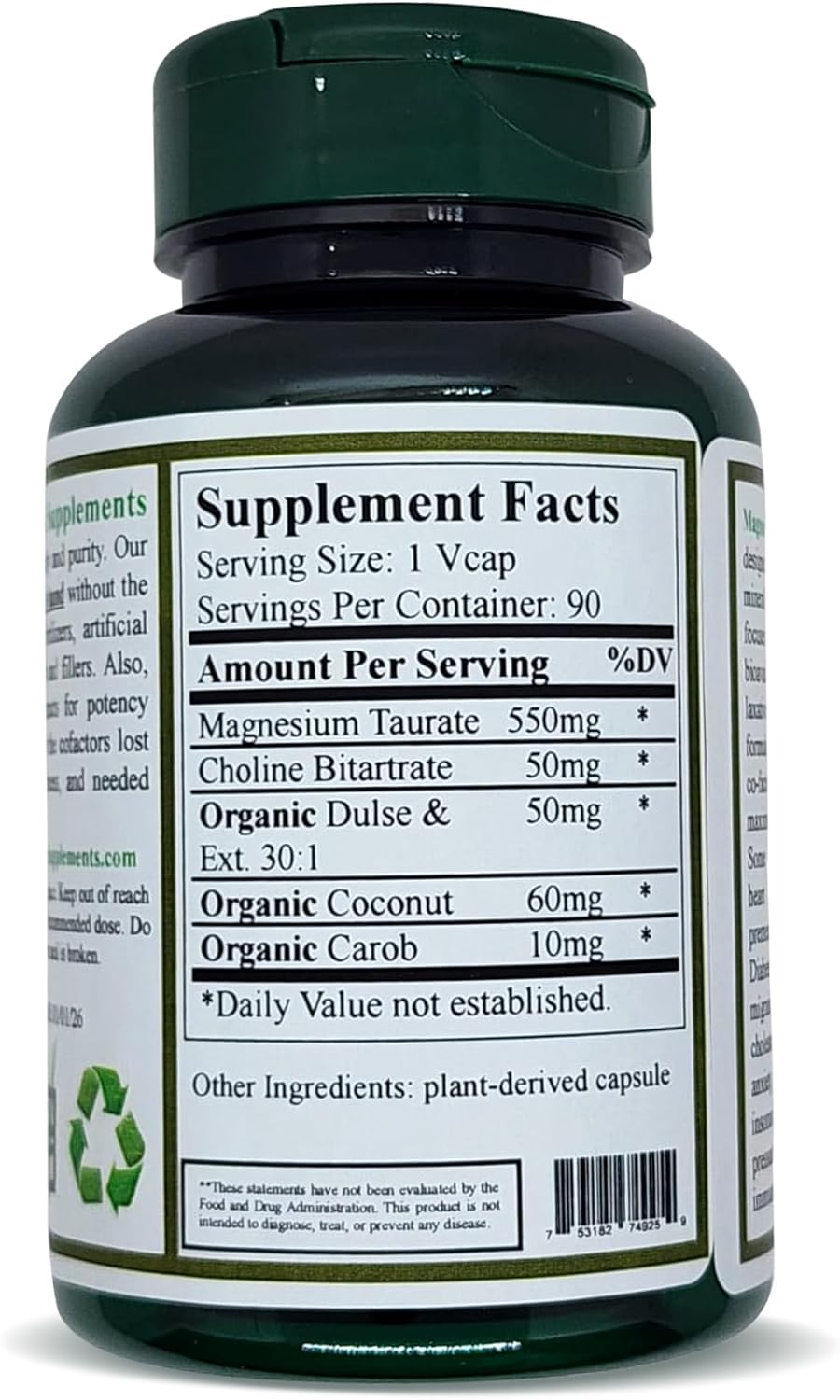 Organic Magnesium Taurate Supplement - High Absorption, Non-GMO, Vegan, Gluten-Free - 90 Capsules, Made with Organic Ingredients